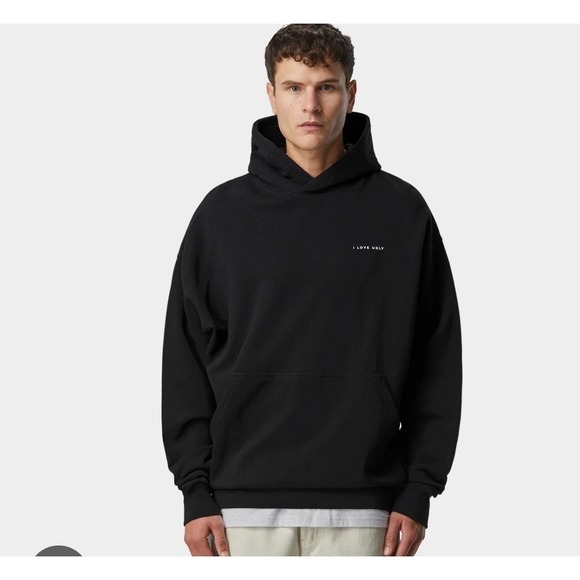 I Love Ugly Mens Black Hoodie Pullover Sweatshirt Minimalist Streetwear Large - Picture 1 of 4